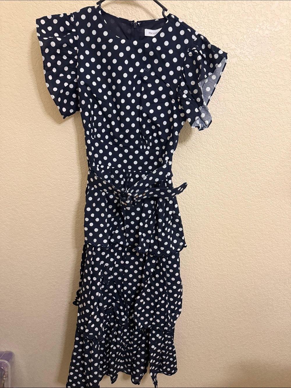 NWT Prosperina Navy Polka Dot Ruffle Midi Dress M